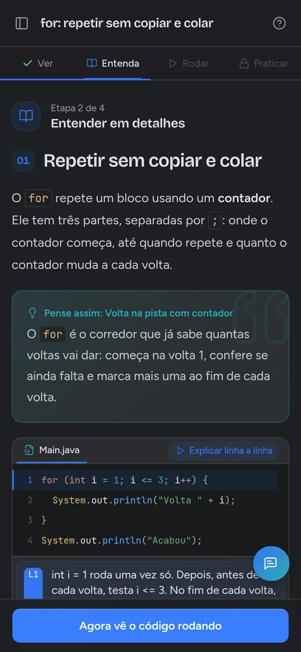 Etapa Entenda: explicação do for com o código e a explicação linha a linha