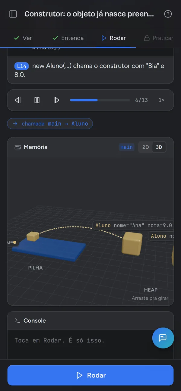 Memória em 3D: pilha e heap com os objetos e as setas