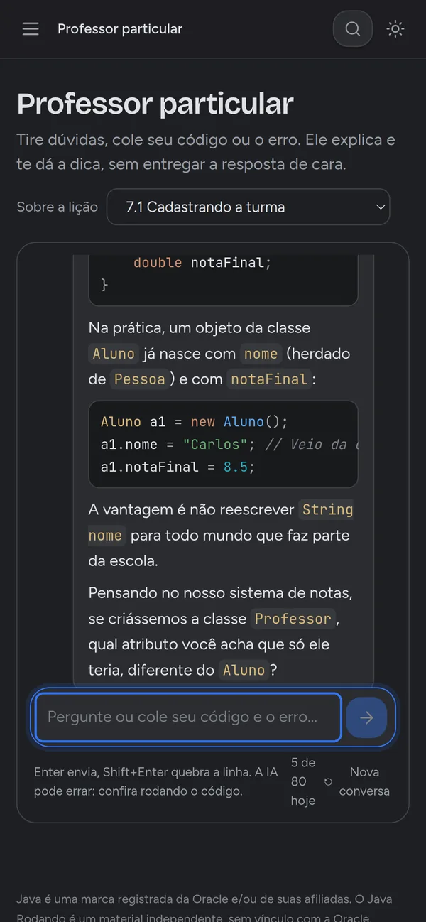 Professor particular com IA explicando herança com exemplo