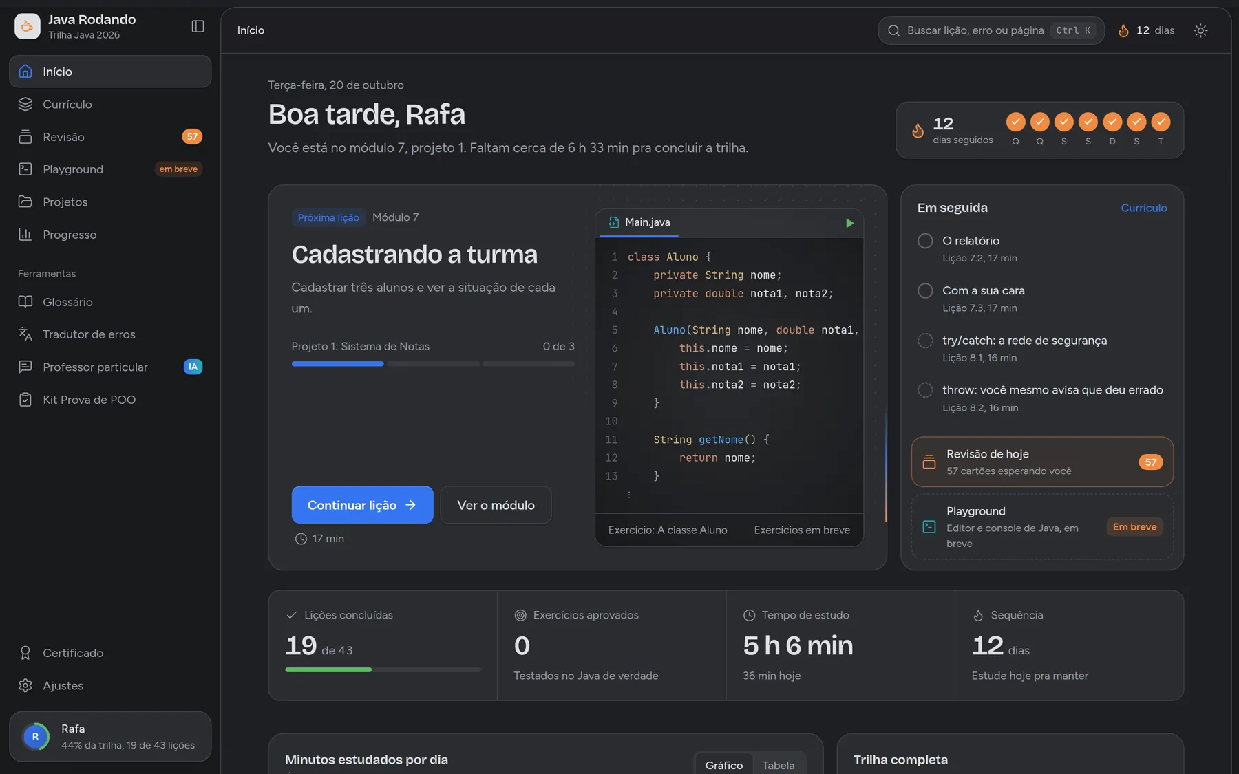 Tela inicial do app: a próxima lição e os dias seguidos